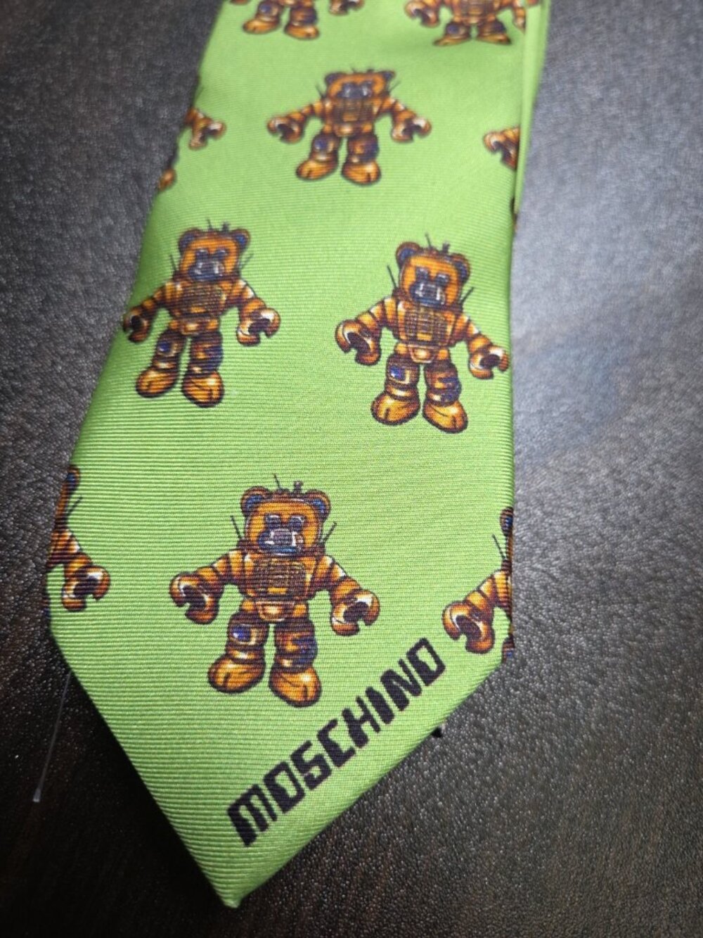 MOSCHINO Silk tie Made in Italy Green Robot Teddy Brand New With Tags BNWT
